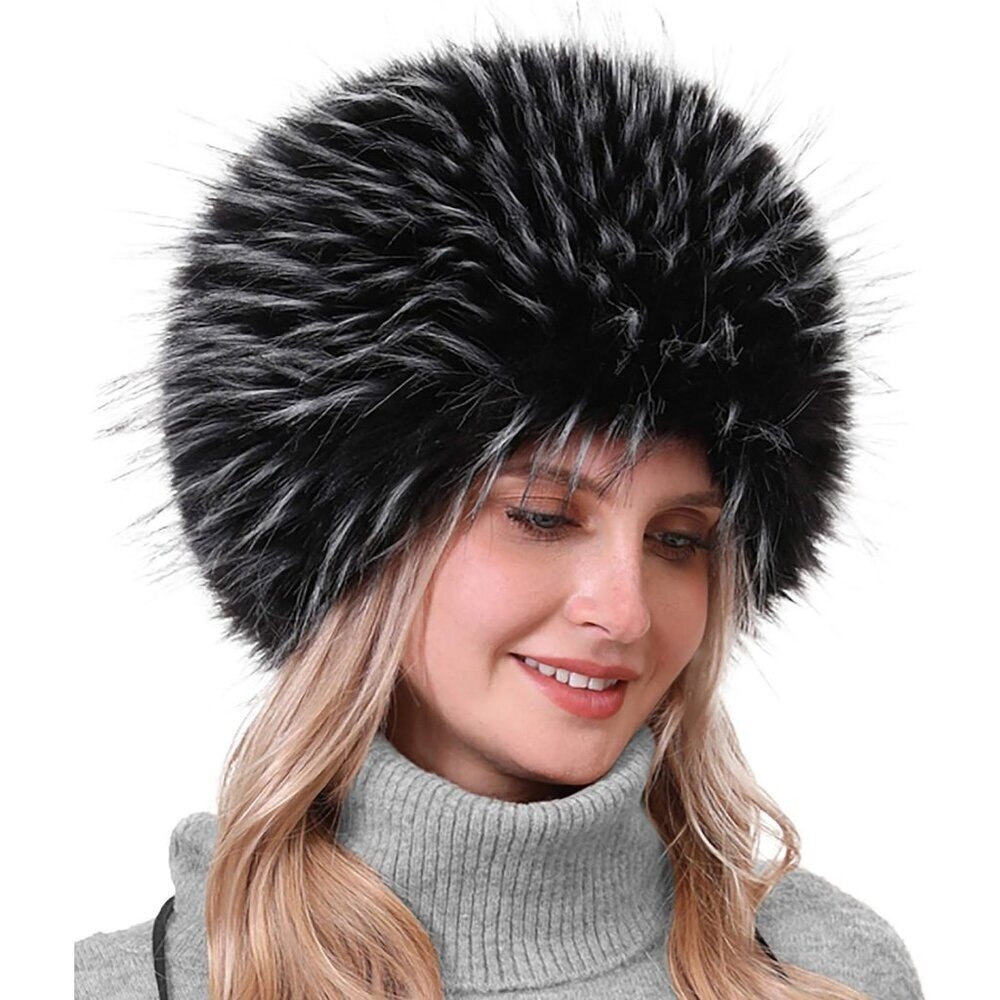 Women Black & White Warm Winter Hat Faux Fur Russian Cossack Style